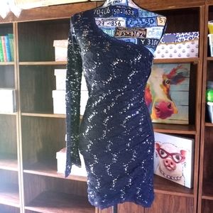 SEQUIN HEARTS SIZE 3 ONE SLEEVE DRESS NAVY BLUE